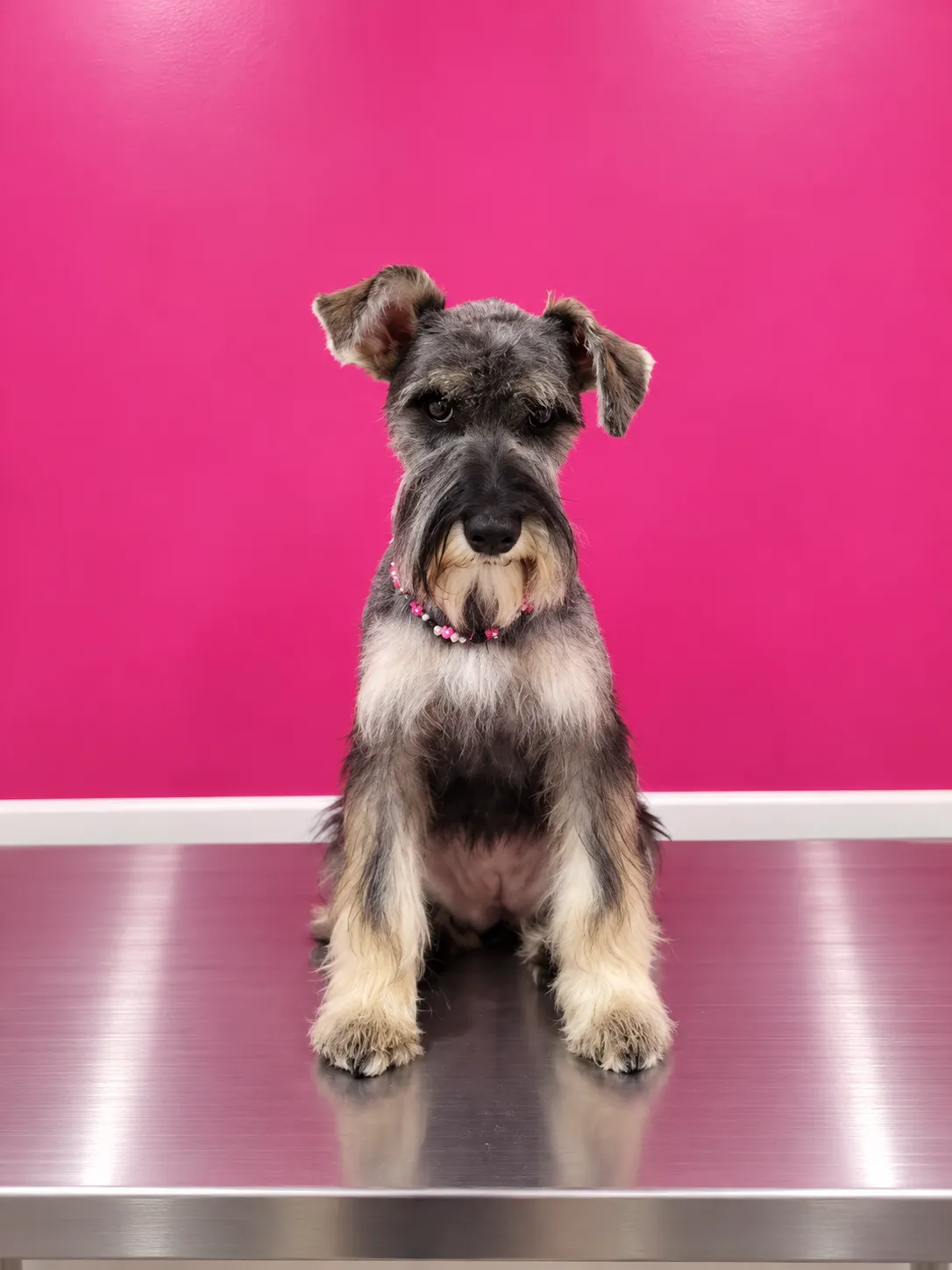 Perro de pelo duro después de una sesión de peluquería a domicilio