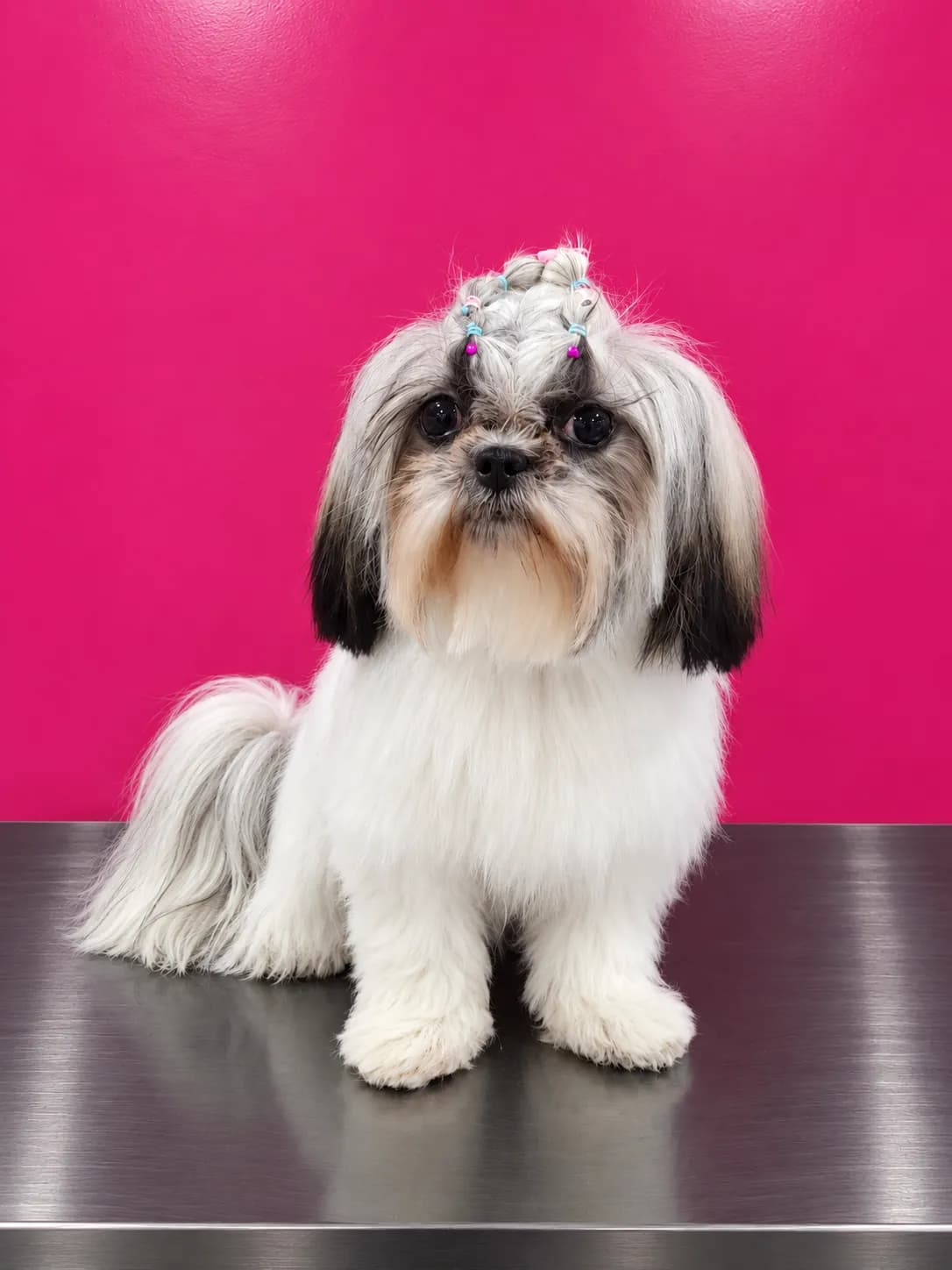 Perro de pelo largo después de una sesión de peluquería a domicilio