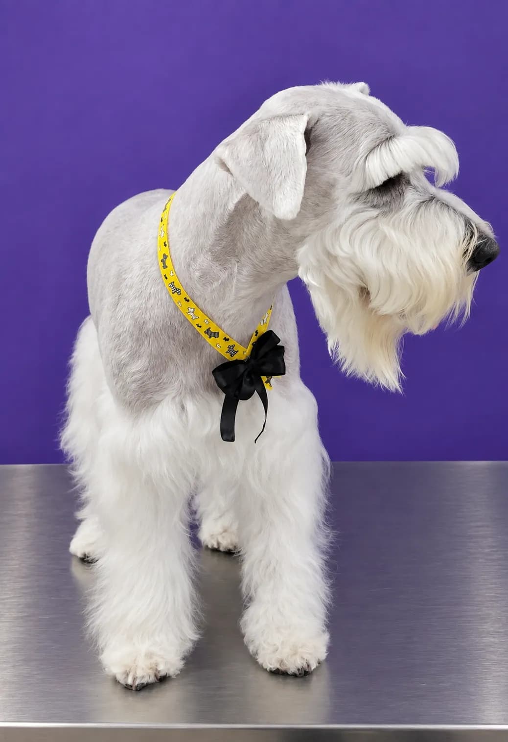 Perro de pelo duro después de una sesión de peluquería a domicilio