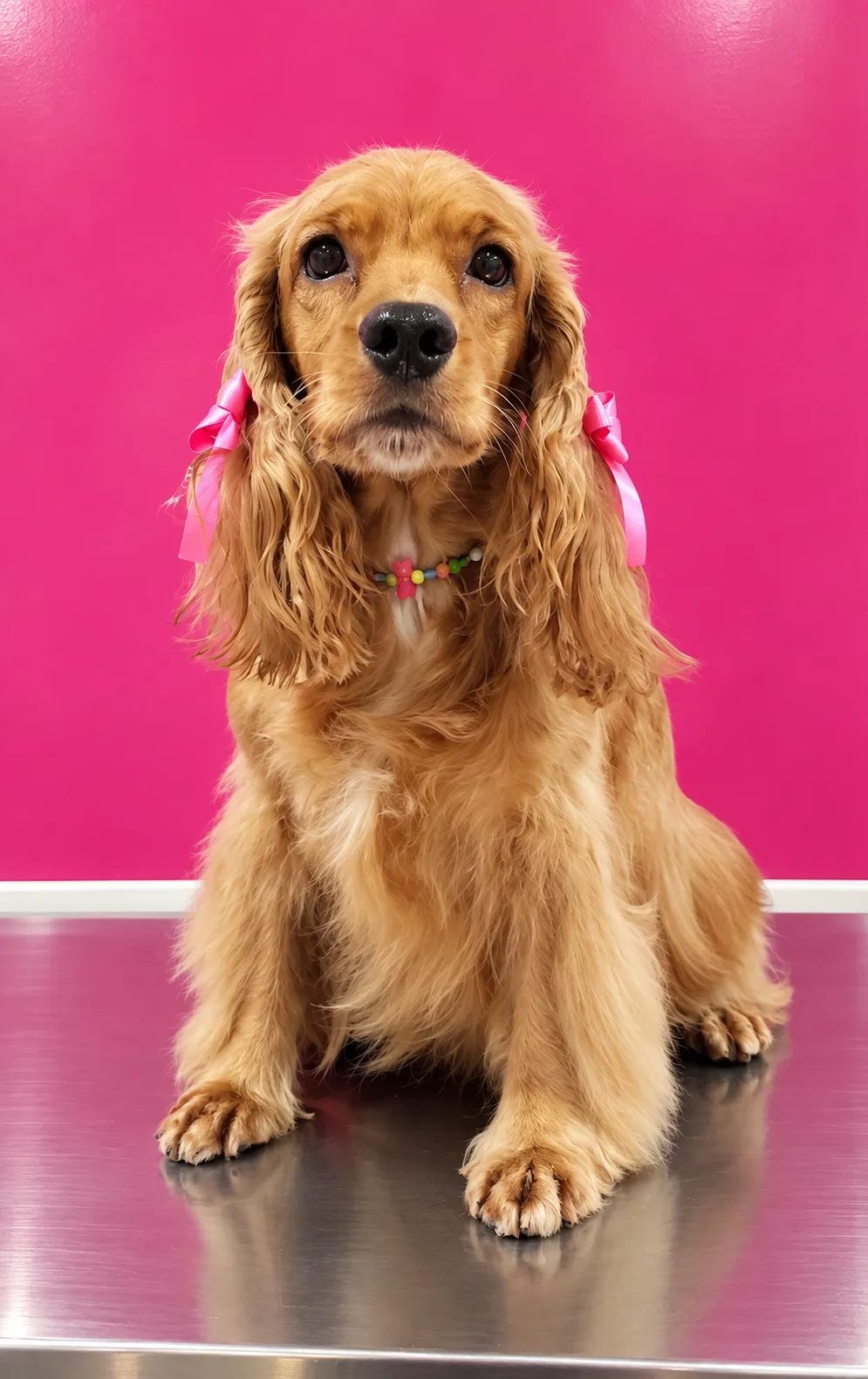 Perro de pelo largo después de una sesión de peluquería a domicilio