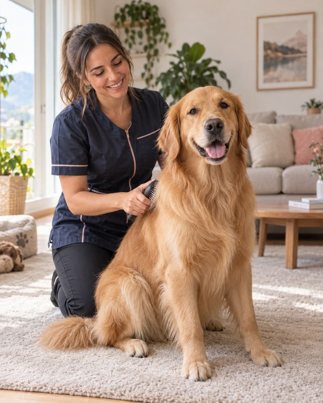 Karen cepillando a un golden retriever relajado en el salón de sus dueños
